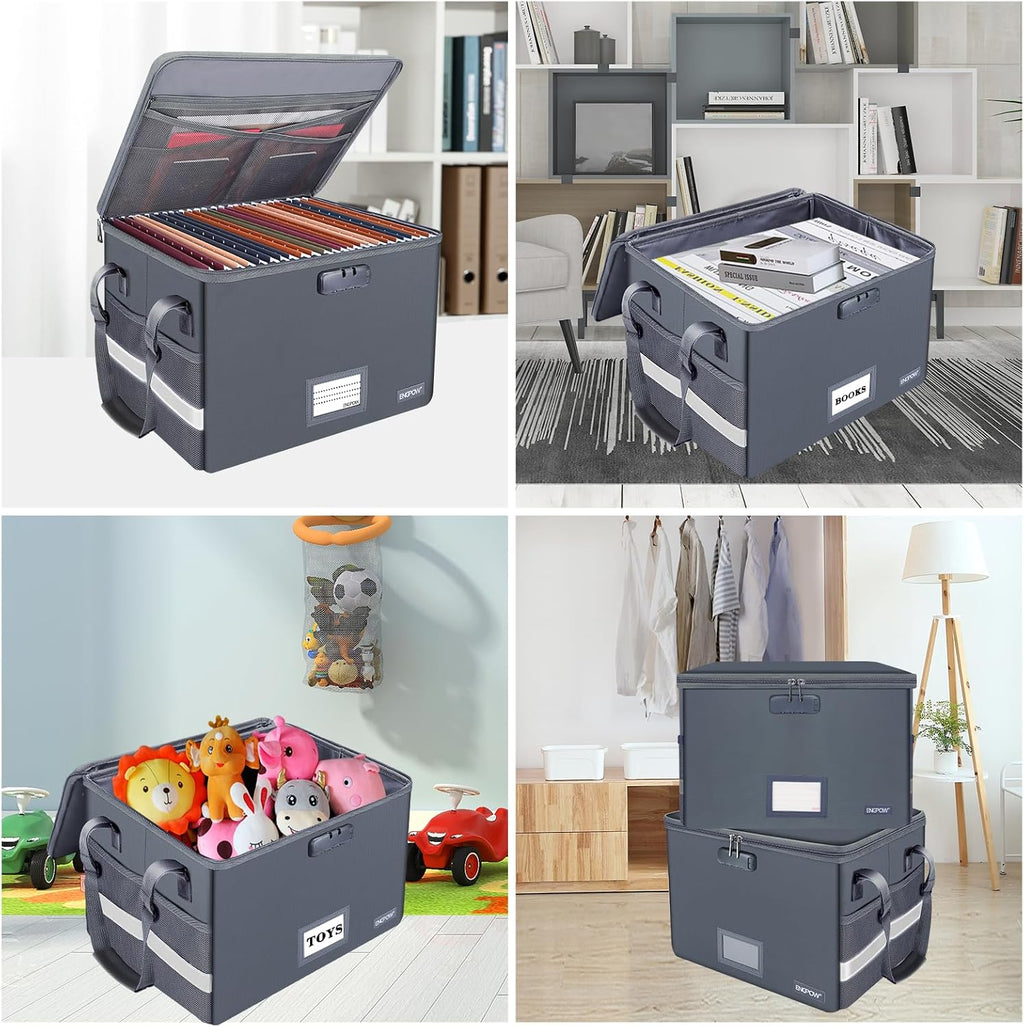 ENGPOW File Box with Lock, Fireproof Document Box with Pockets, Collapsible File Organizer Filing Storage Cabinet with Handle, Portable Home Office Safe for Hanging Letter/Legal Folders,Gray,2 Pack