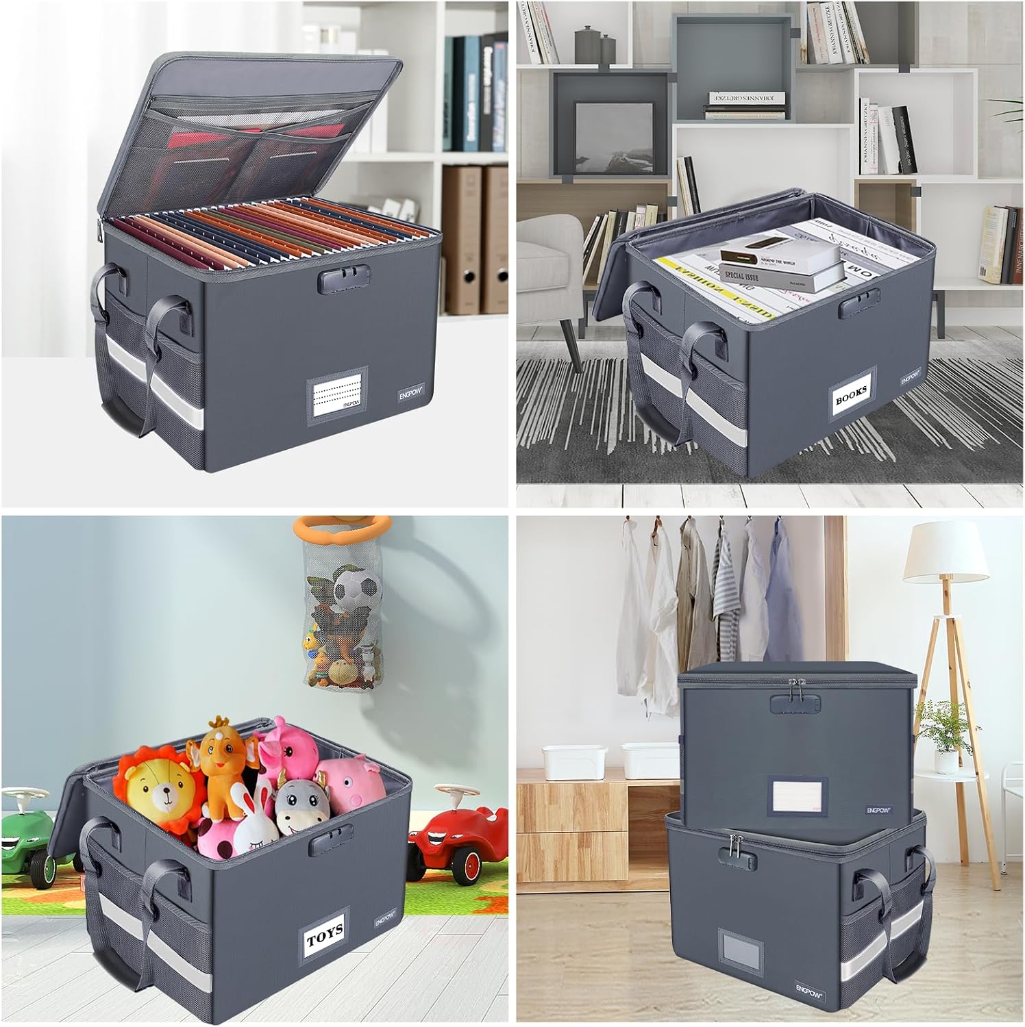 ENGPOW File Box with Lock, Fireproof Document Box with Pockets, Collapsible File Organizer Filing Storage Cabinet with Handle, Portable Home Office Safe for Hanging Letter/Legal Folders,Gray,2 Pack
