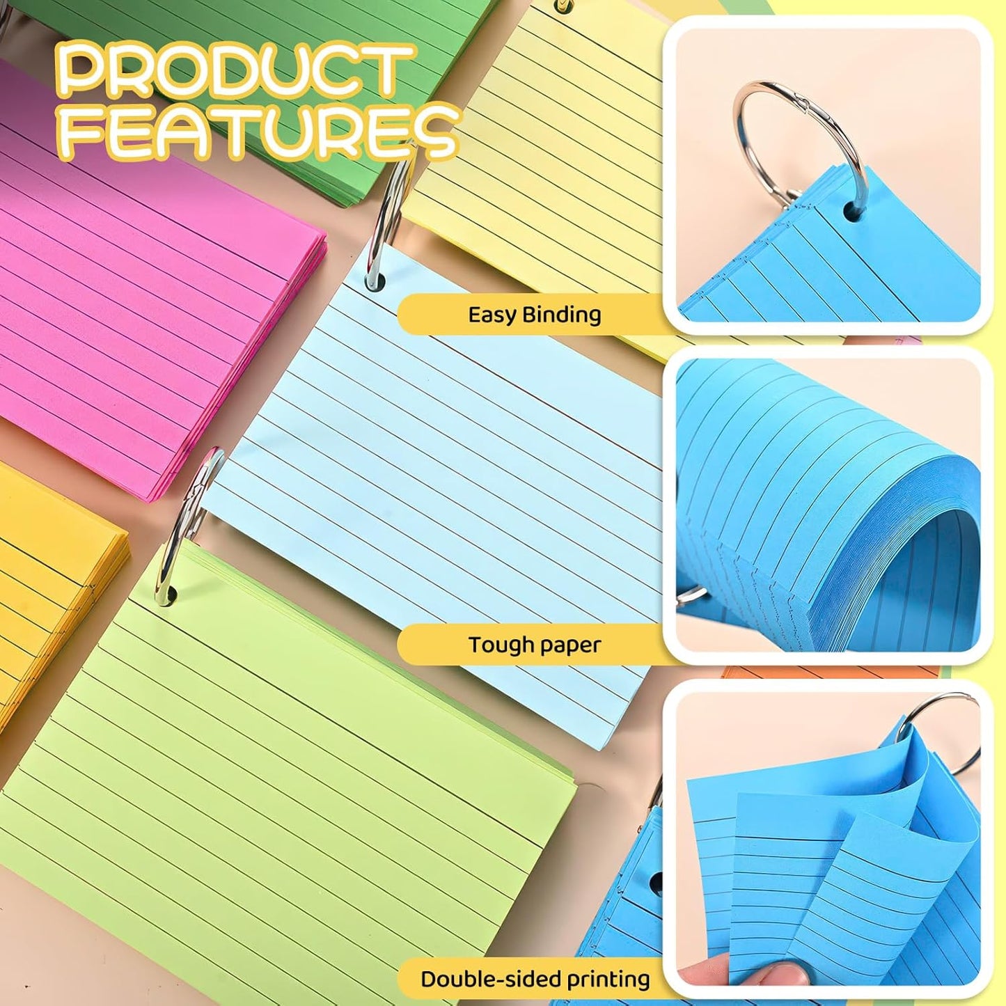 Huakaile 1000 Pieces Colored Index Cards, 3" x 5" Ruled Flash Cards with Ring, Double-Sided Lined Note Cards for School Study College to Do List Office (10 Colors)