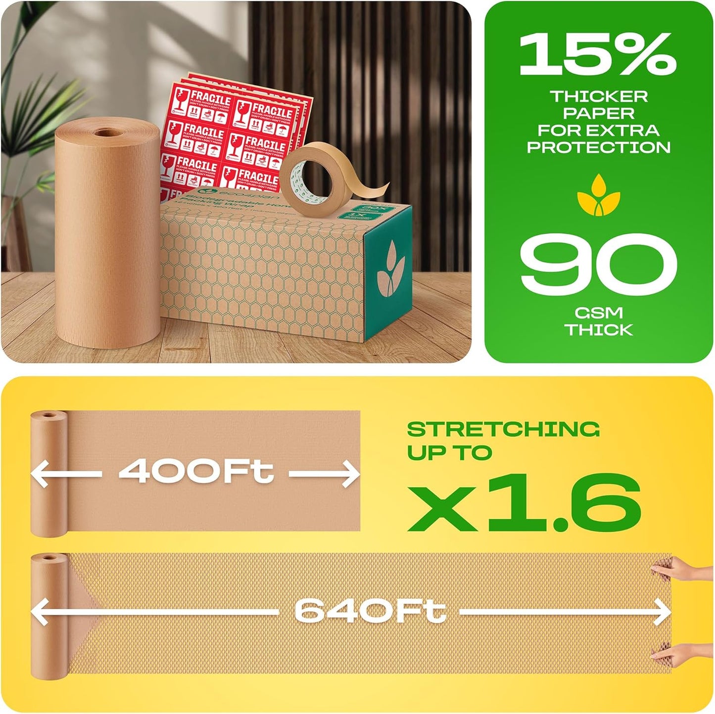 Honeycomb Packing Paper | Extra Thick 90 GSM Packing Wrap | Biodegradable Packing Materials: 12” x 400’ Moving Paper + 195’ Cellulose Adhesive Tape + 30 Fragile Stickers | Paper Bubble Wrap