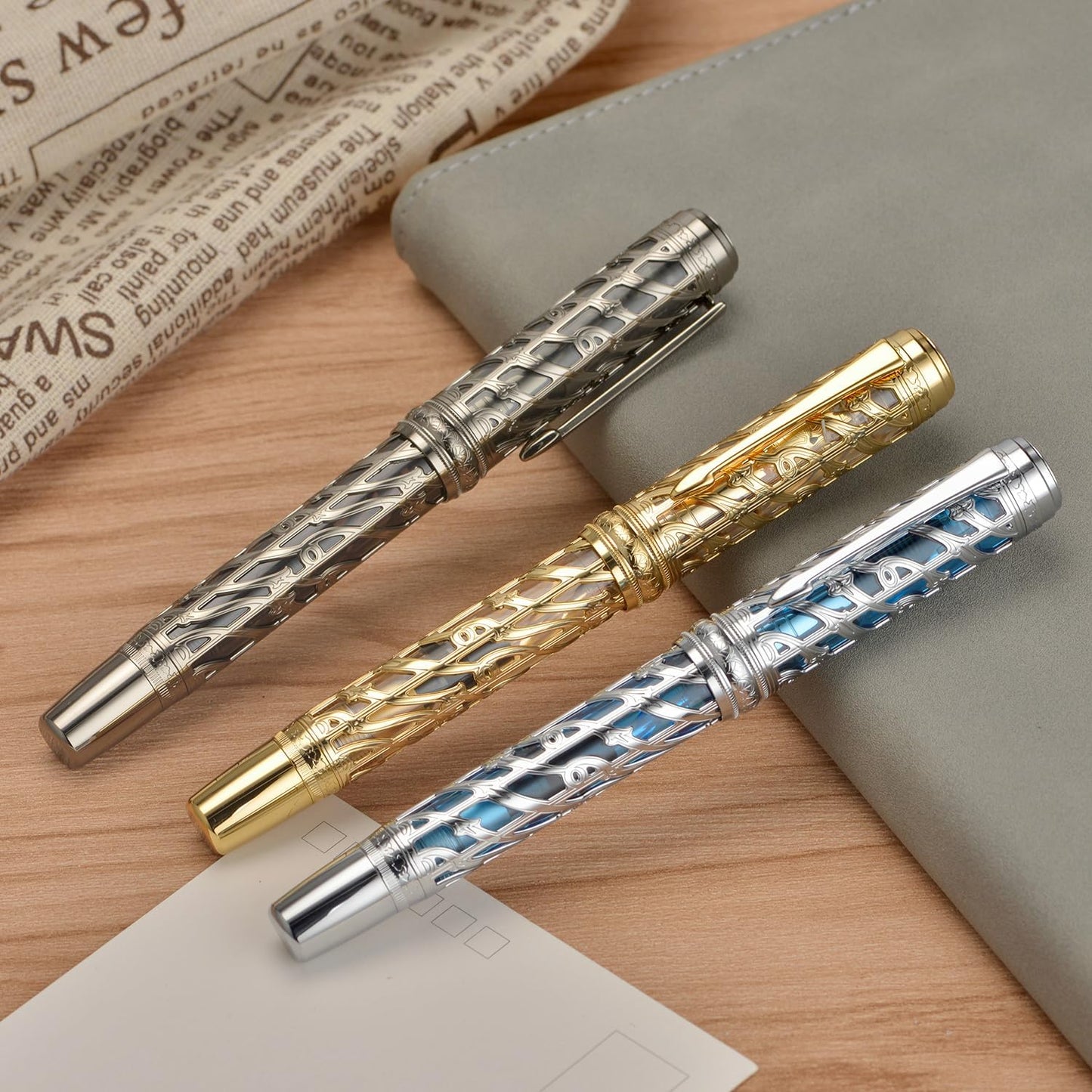Hongdian A6 Piston Fountain Pen Fine Soft Nib, Golden Hollow Skeleton & Transparent Resin Pen with Metal Case Set