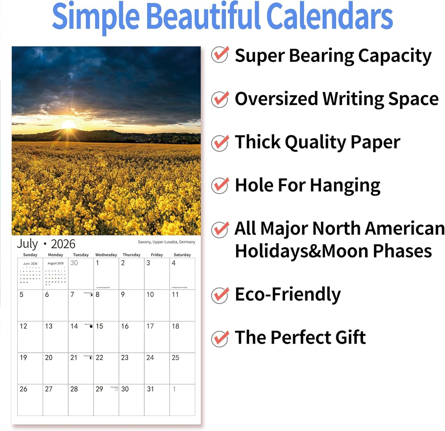 2026 Wall Calendar,Calendar 2026, July 2025 - December 2026, Wall Calendar Sunset, 12" x 24" Opened,Full Page Months Thick & Sturdy Paper for Calendar Organizing & Planning