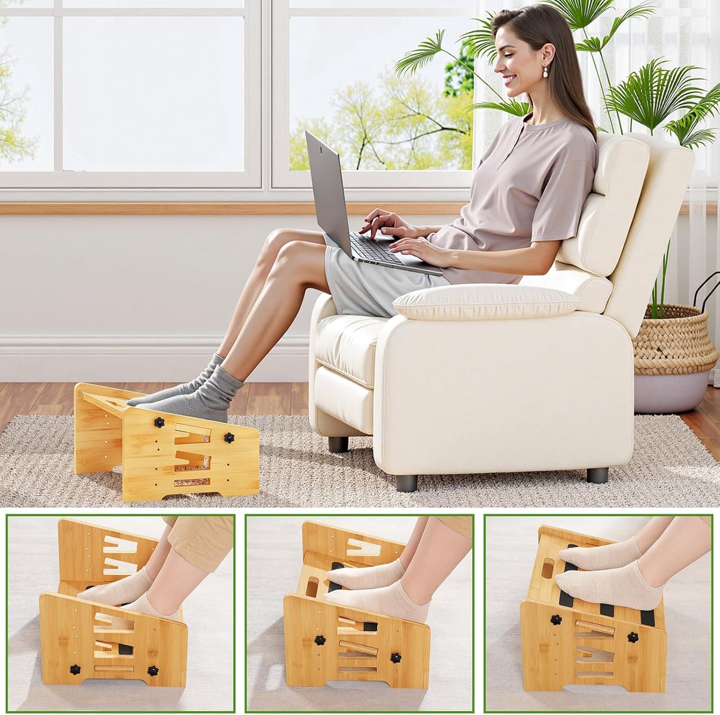 HOOBRO Bamboo Foot Rest, Adjustable Under Desk Footrest with 5 Height Options & Angles, Non-Slip Ergonomic Foot Rest for Under Desk at Work for Improved Posture, for Home & Office, Natural YL01FP01