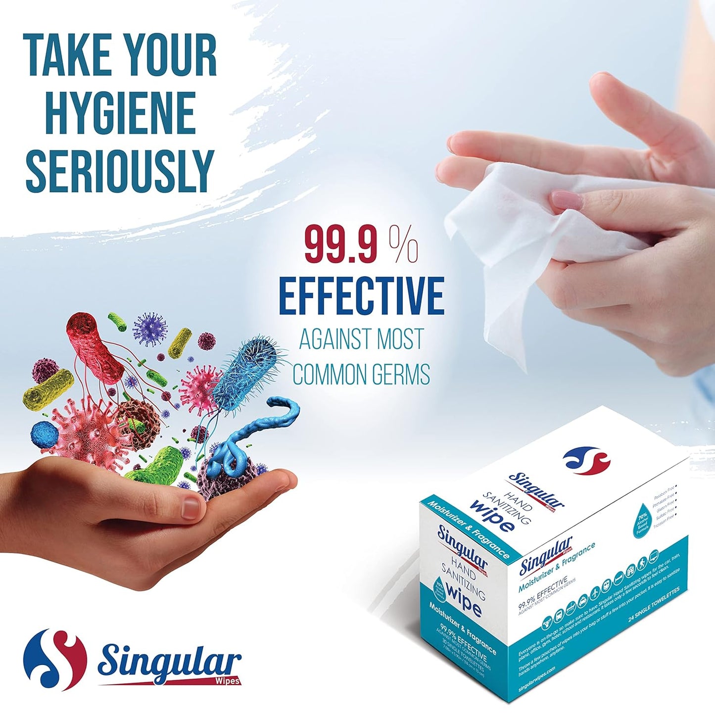 Hand Sanitizing Wipes Travel Size by Singular Wipes – 24ct Individually Wrapped | Fresh Citrus Scent, Moisturizing, 70% Alcohol Wipes | Travel, Office, School, Home | Made in USA