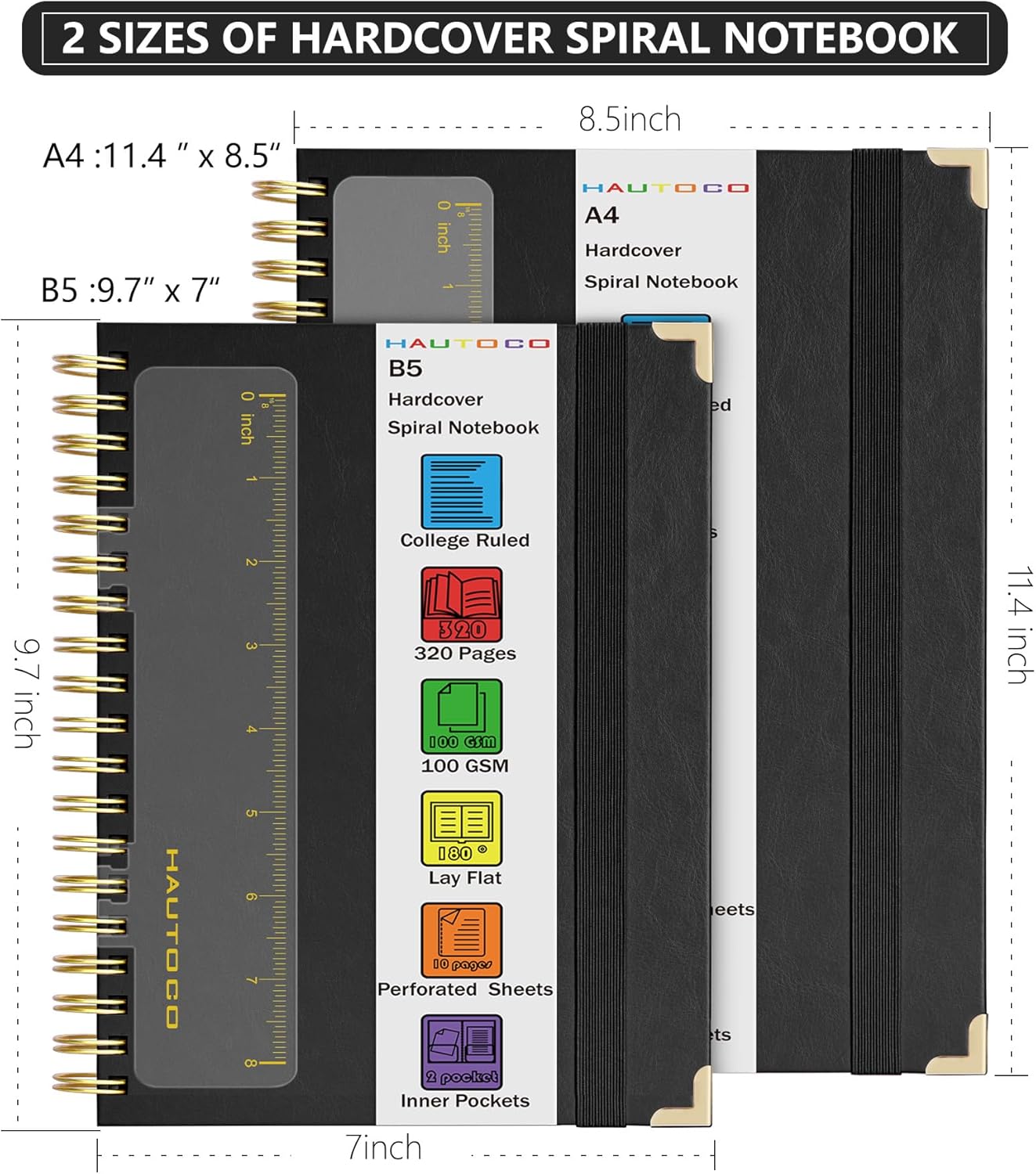 HAUTOCO Spiral Notebook College Ruled B5 Leather Bound Journal, 320 Pages, Hardcover Notebooks with tabs, 100 GSM Paper, 7"x 9.7" Lined Journaling Notebooks for Work Office School Business, Black