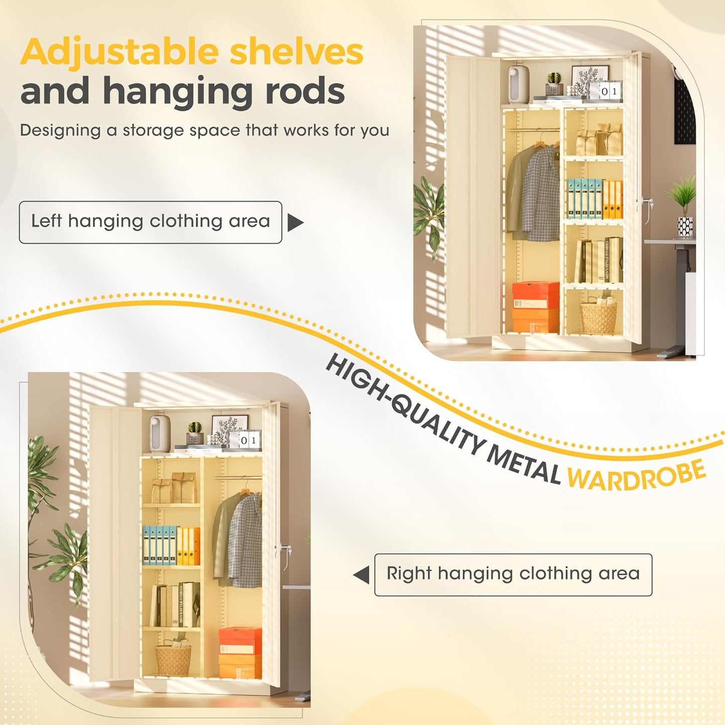 Greenvelly Metal Storage Wardrobe Cabinet with Lock, 72" Grey Metal Wardrobe Closet for Hanging Clothes with Doors and Shelves, Modern Clothes Closet for Home, Office and Bedroom, School,Gym