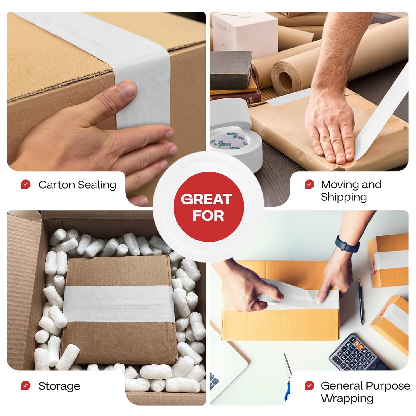 IDL Packaging 3" x 375 feet Reinforced Water-Activated Kraft Gummed Tape 70lb Thickness - Secure Paper Packing Tape for Secure Carton Sealing - Heavy-Duty for All Conditions, White