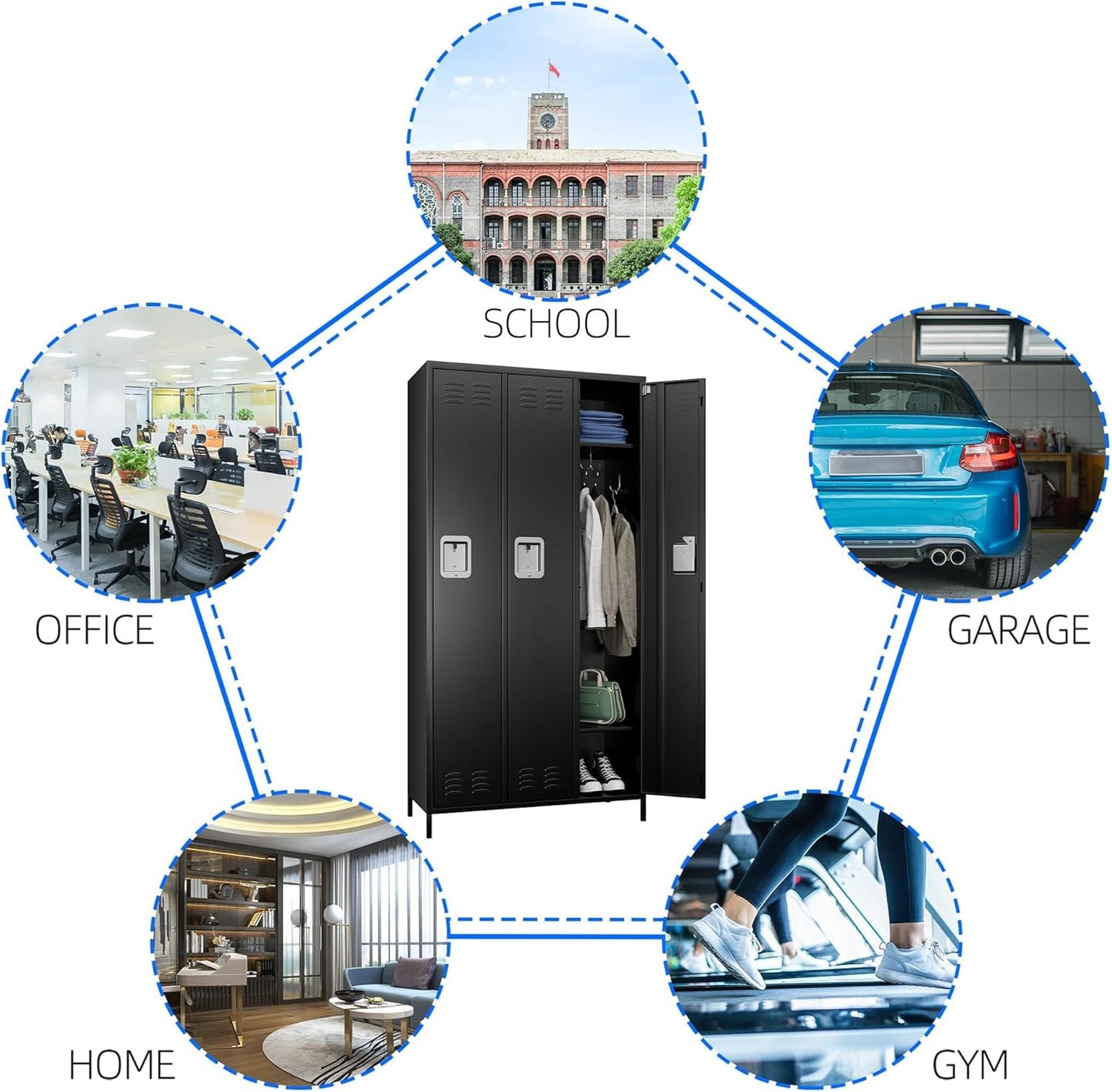 3 Doors Metal Lockers for Employees with Lock, Metal Locker with 9 Hooks for School Garage Office Gym Home,Assembly Required,Black