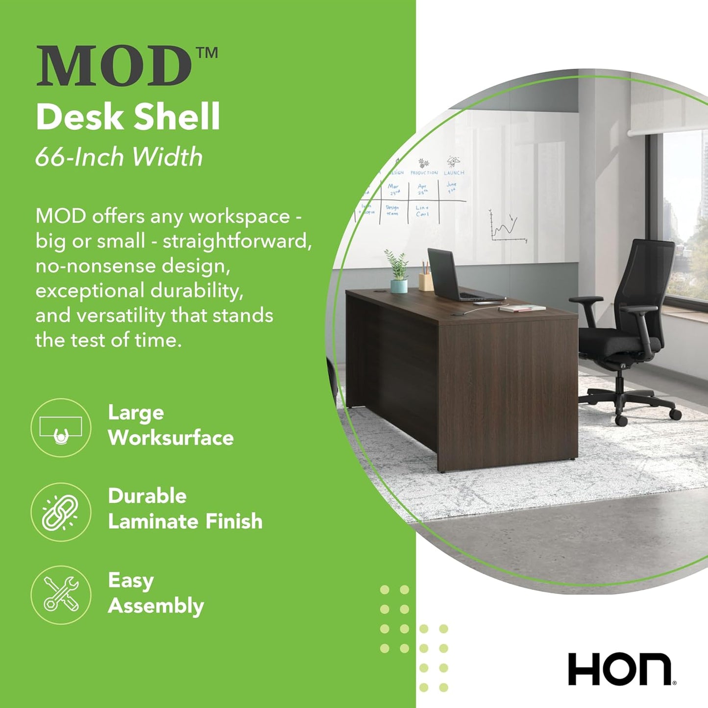HON MOD Executive Desk 66-Inch Large Computer Desk Shell, Thick Wooden Laminate, Modern Table with Cord Management, 66" W x 30" D x 29" H, Java Oak