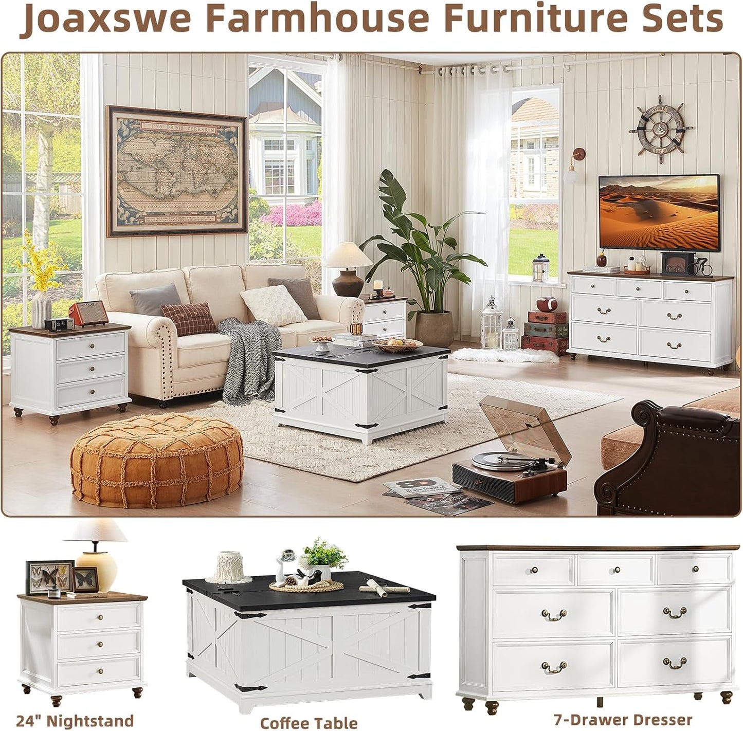 24" Wide Farmhouse Night Stand,Large End Table with 3 Drawers & Metal Handle,White Wood Dresser for Bedroom Cabinet, Bed Side Tabl·e Chest of Drawers,Nightstand for Living Room,Close