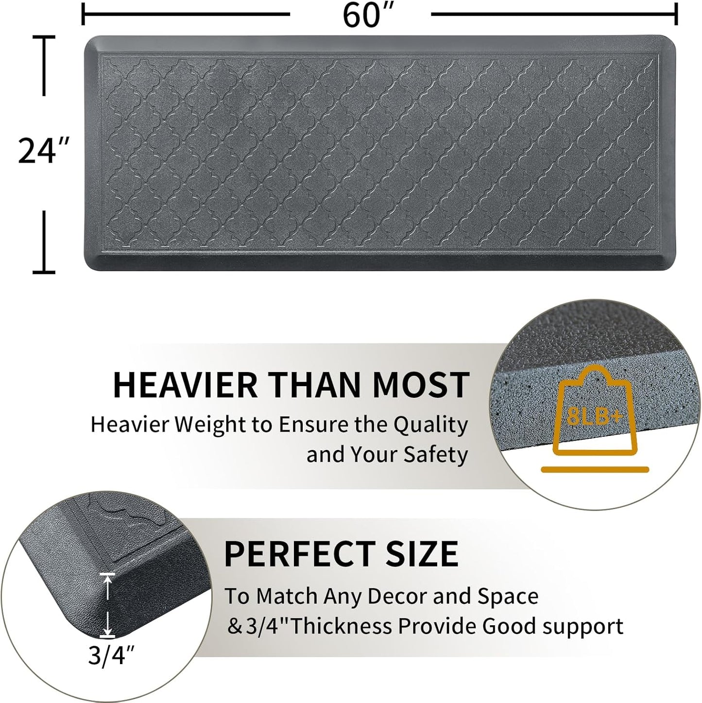 24 x 60 Inch Extra Support Anti Fatigue Comfort Kitchen Mat, Waterproof Long Kitchen Runner, Non-Slip Standing Desk Mat, Commercial Pads for Offices, Home, Garages (Barcelona Grey, 24'' x 60'')