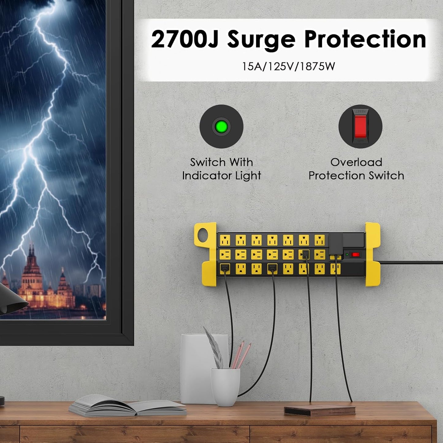 HHSOET Heavy Duty Power Strip with Surge Protection, Industrial Commercial Metal 24 Outlets Wall Mount for Garage Shop, 15 Amp, Switch, 6FT Extension Cord, Black.