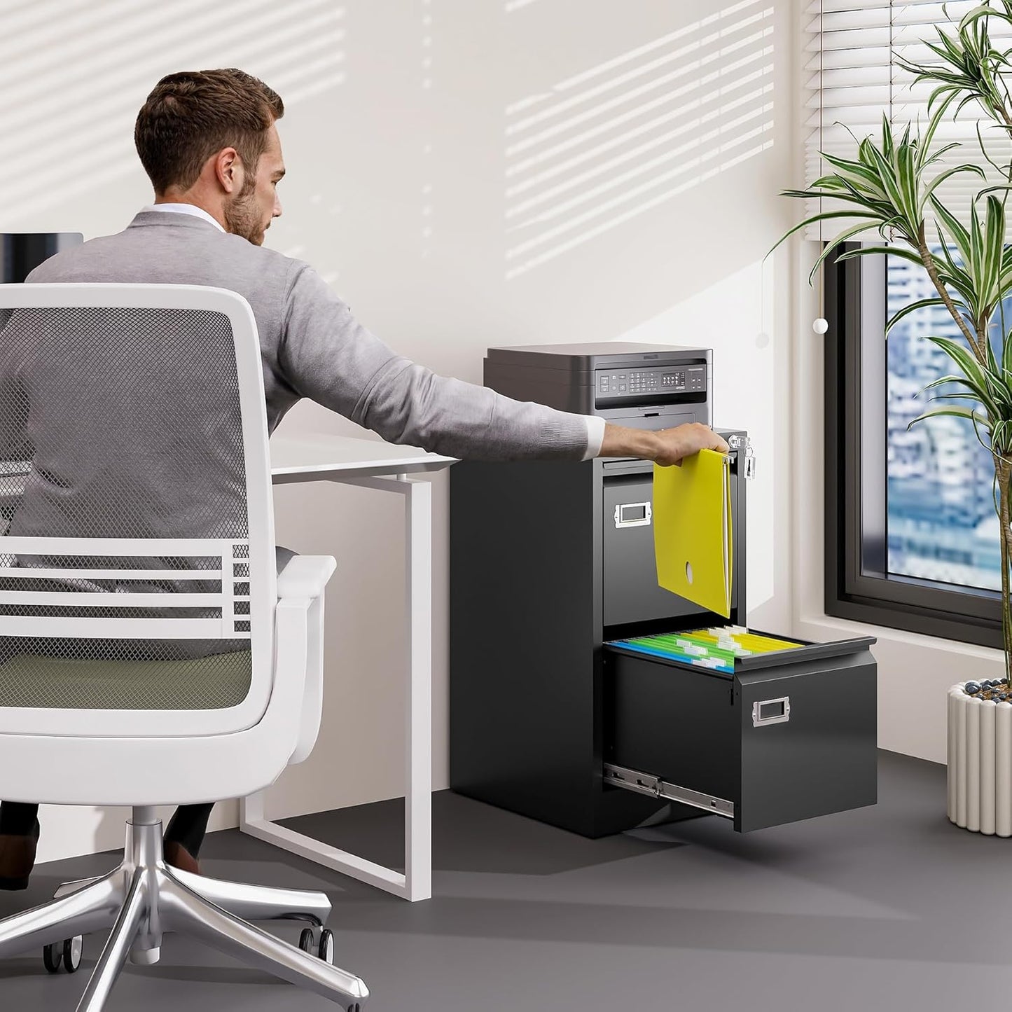 2 Drawer File Cabinet with Lock Metal Vertical Filing Storage Cabinet Office Home Steel Vertical File Cabinets for A4 Legal/Letter Size Narrow File Cabinet Locked,Assembly Required