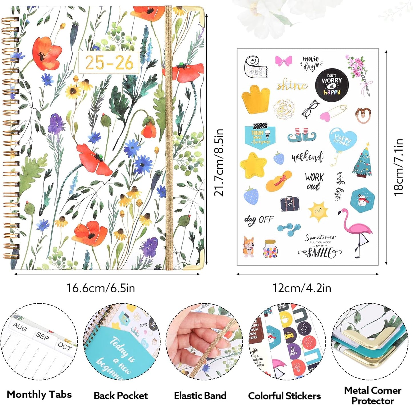 2025-2026 Academic Planner, A5 (6.5" x 8.5") Weekly and Monthly Planner, July 2025 - June 2026, Calendar Planner with Tabs, Inner Pocket for Home School Office Supplies, Red Flower