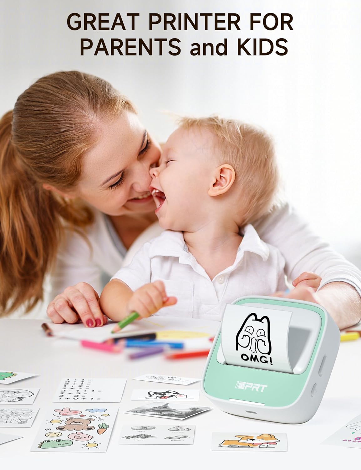 iDPRT Portable Sticker Maker Machine with 1 Roll Sticker Paper, Mini Printer Efficiently and Quickly, Thermal Printer for Study Notes, Pictures, DIY, Label, Free App with Multiple Templates, Green