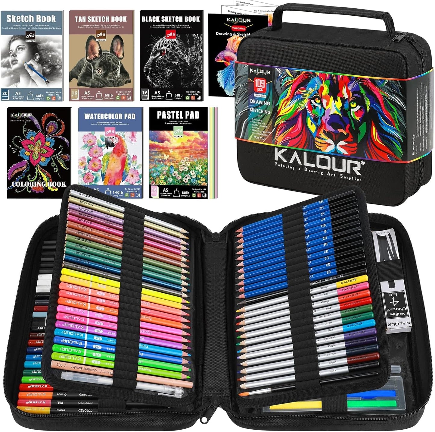 109 Drawing Set Sketching Kit, Pro Art Supplies with Fluorescent, Colored, Watercolor, Metallic, Graphite, Charcoal Pencils, 5 Sketchbook and Coloring Book, Gift for Artists Adults Teens Beginner