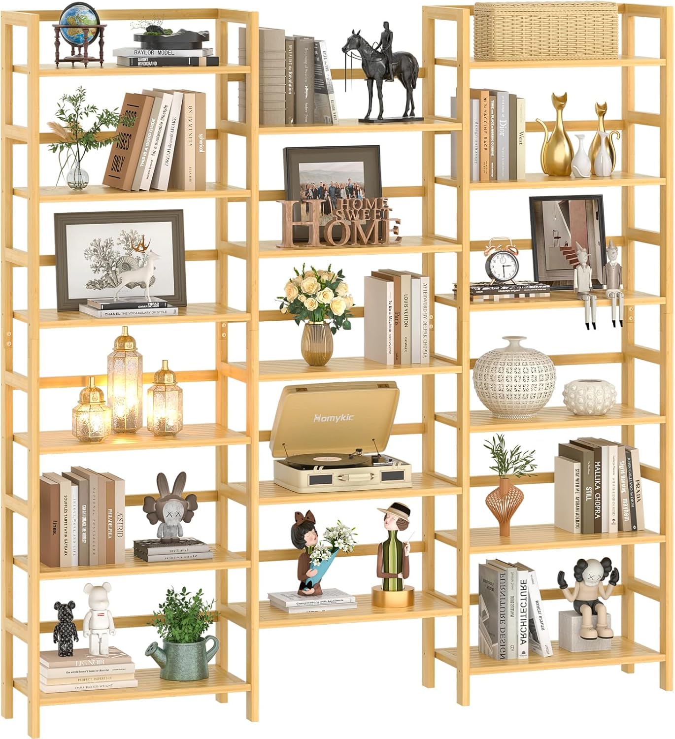 Homykic Bamboo Triple Wide Shallow Bookshelves and Bookcases, 6-Tier 6ft Tall Bookshelf with 17 Open Display Shelves, Large Freestanding Book Shelf for Home Office, Bedroom, Living Room, Natural