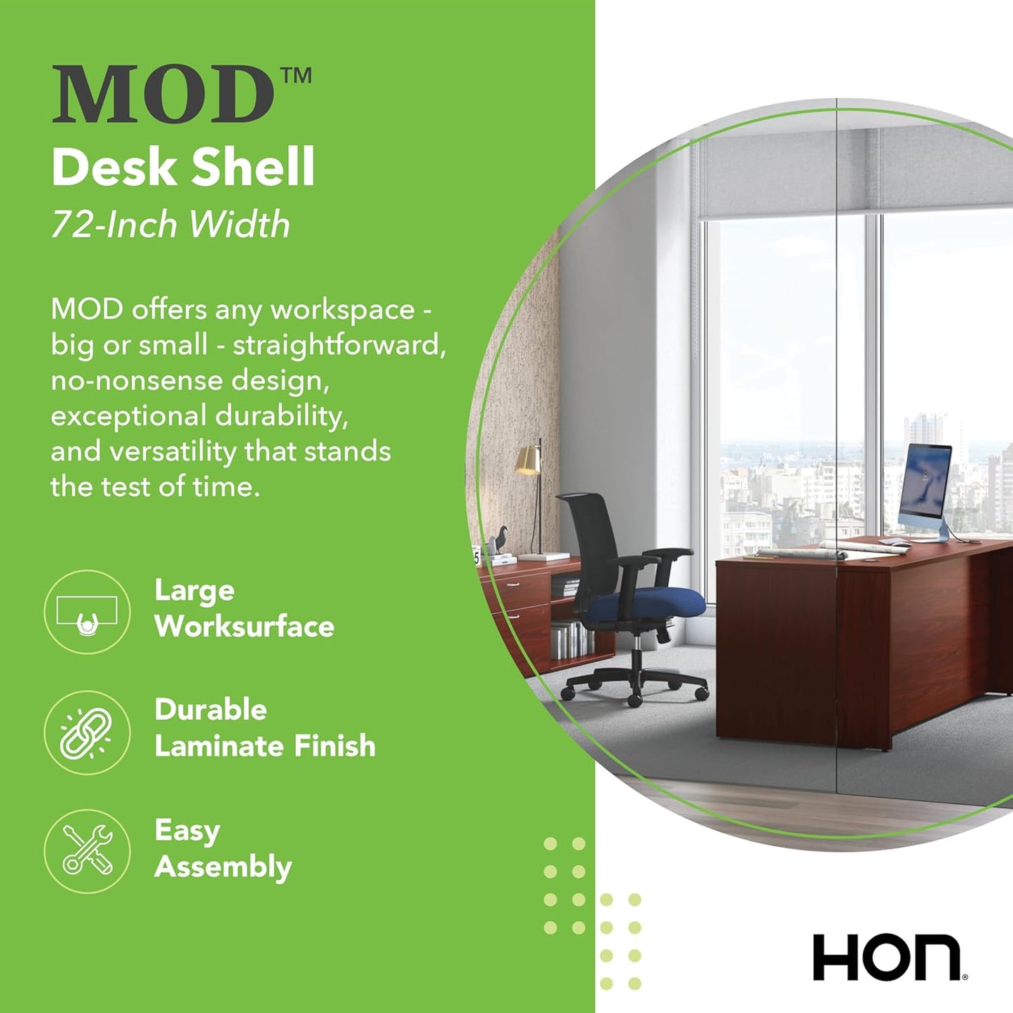 HON MOD Executive Desk 72-Inch Large Computer Desk Shell, Thick Wooden Laminate, Modern Table with Cord Management, 72" W x 30" D x 29" H, Traditional Mahogany