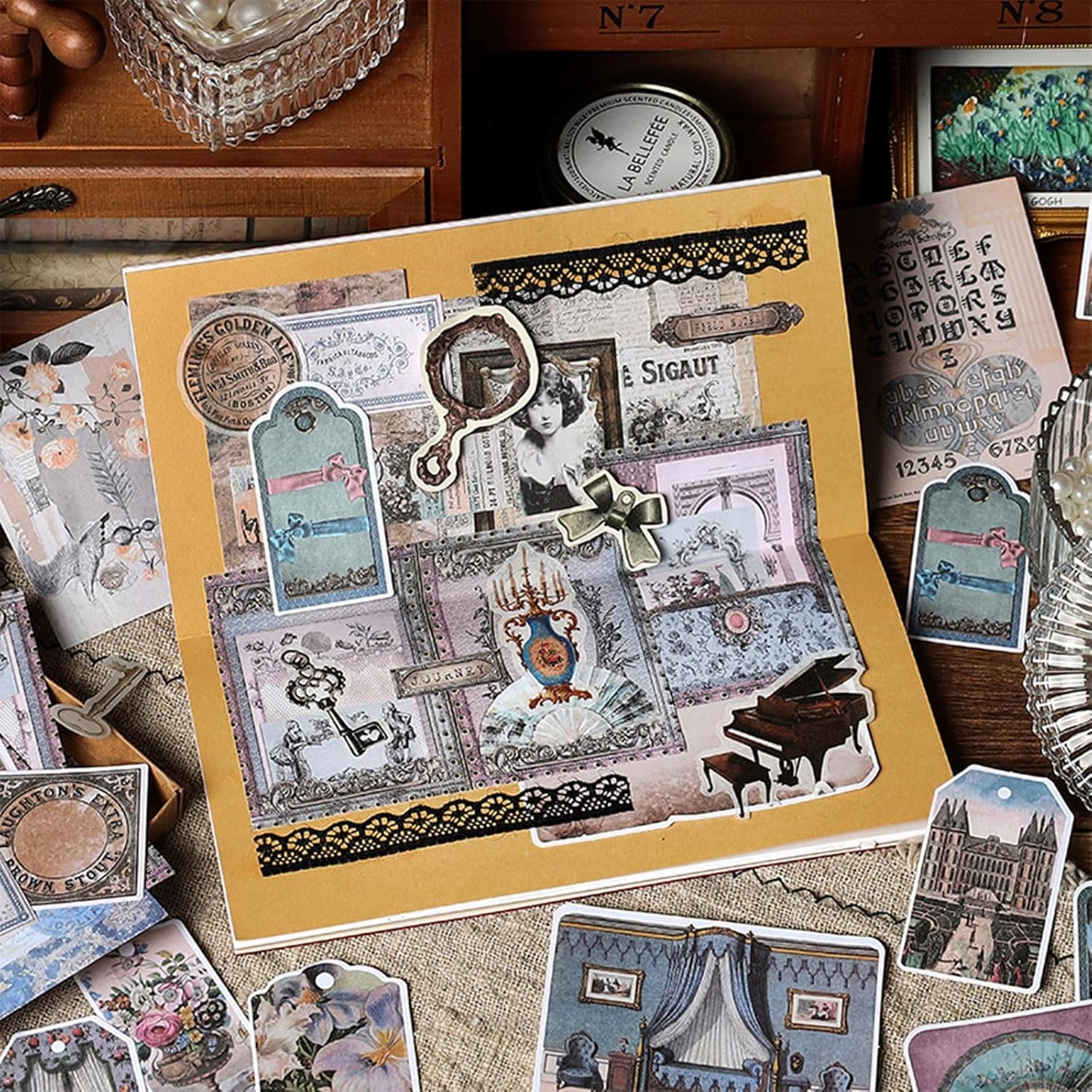 200PCS Vintage Scrapbooking Supplies Pack, Aesthetic Scrapbook Sticker Paper Art Journaling Kit for Bullet Junk Journals,Planner,Cottagecore Decor Gifts (Blue Vintage Collection)