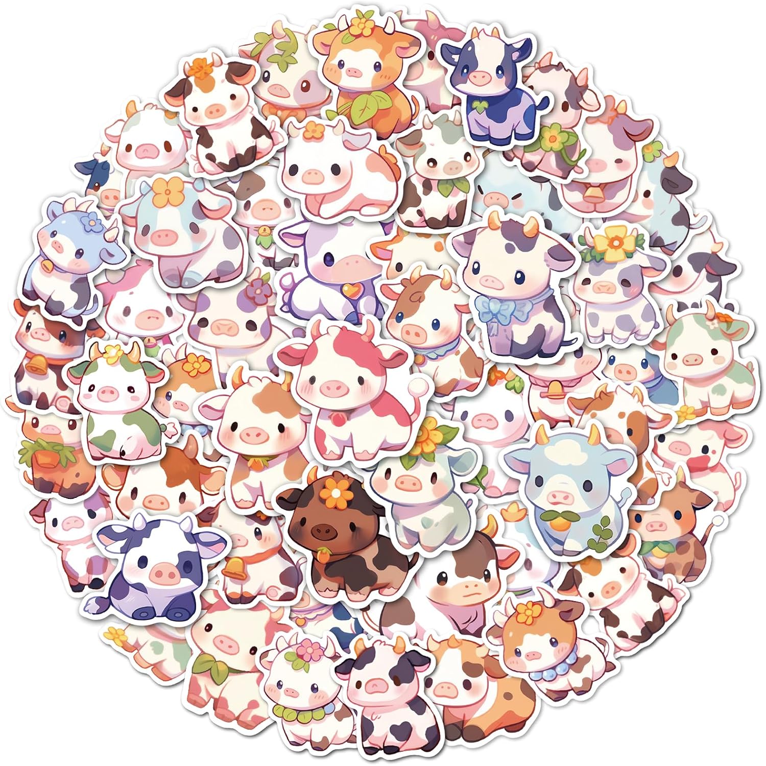 Aowplc Cute Cow Stickers | 50 Pcs Kawaii Rainbow Cow Stickers | Waterproof Vinyl Decals for Water Bottles Laptops