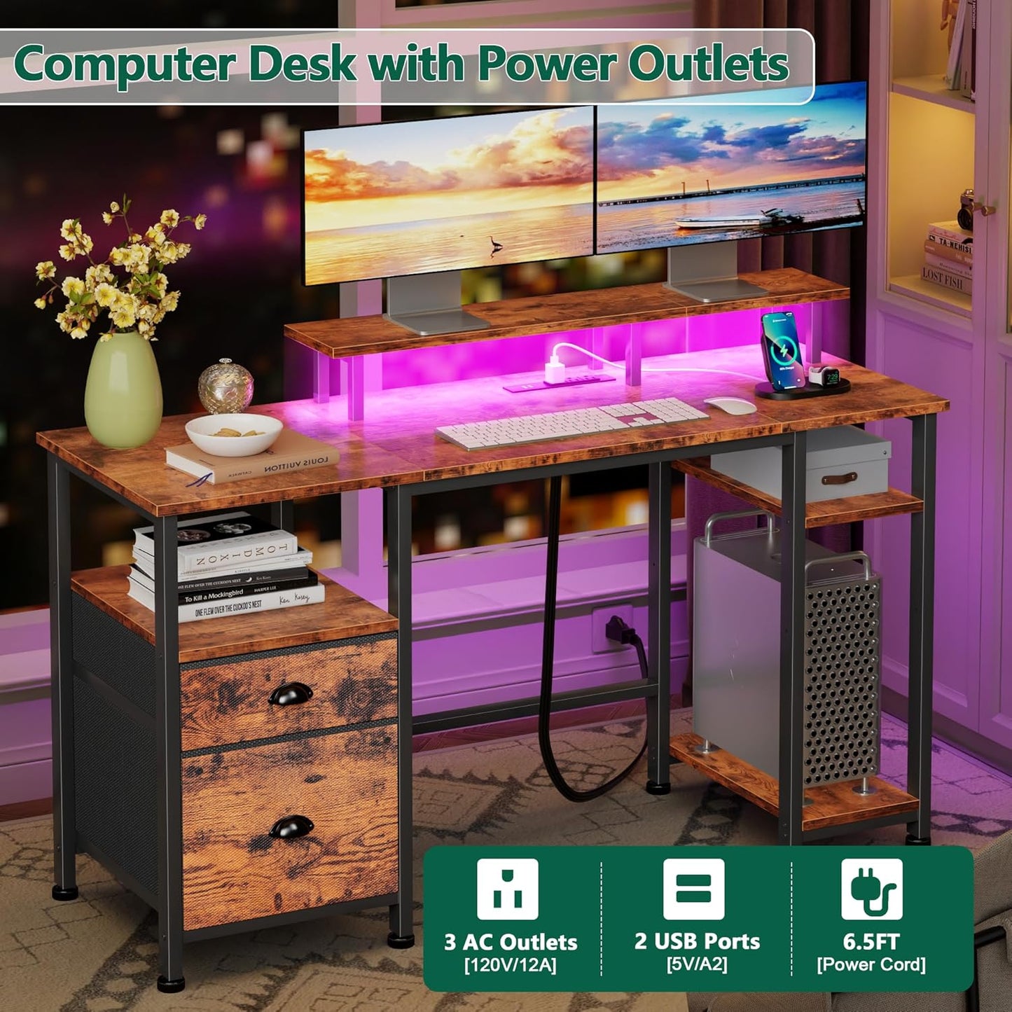 Furologee 51" Computer Desk with Power Outlet and LED Lights, Reversible Home Office Desk with File Cabinet & Monitor Stand, Large Gaming Table with Storage Shelves & Drawer, Rustic Brown