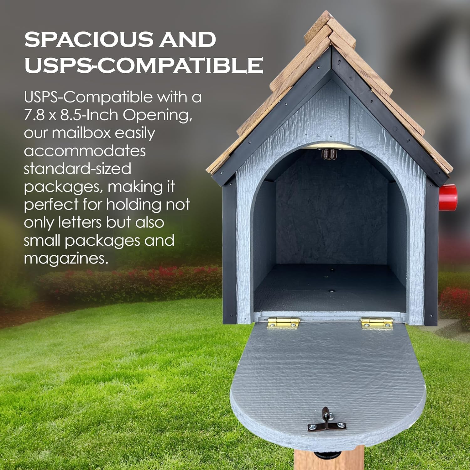 Peaceful Classics Amish Cedar Roof Wooden Mailbox with Window & Door Trim, Handcrafted Mailboxes for Outside, Post Mount Residential Mailboxes - (Green & White, Wood)