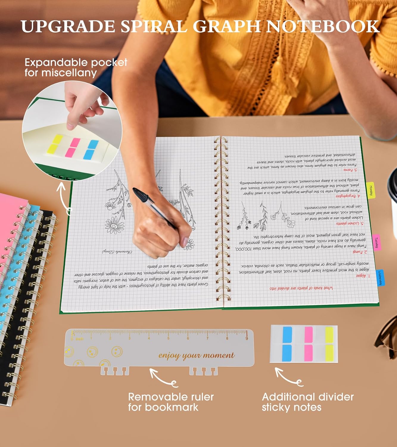 Graph Paper Notebook, Spiral Notebook Journal 8.5” x 11”, A4 Large Grid Notebooks for Women Men, 100 GSM Graph Paper, Plastic Hardcover Spiral Graphing Journals for Work School Engineerin, Green