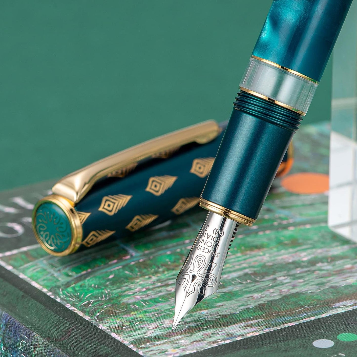 Hongdian N7 Blue Peacock Fountain Pen Resin Piston, Iridium Medium Nib Classic Pen, Smooth Writing Pen with Metal Box