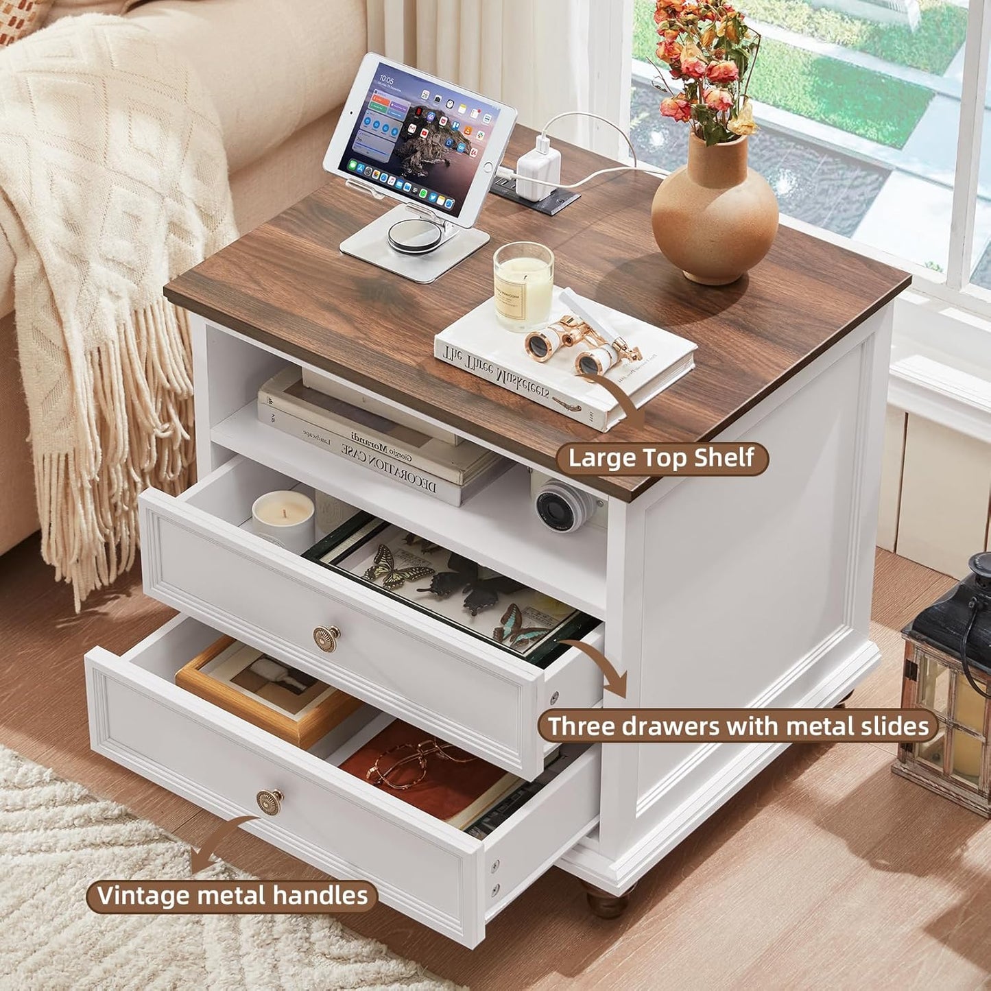 24" Wide Farmhouse Nightstand with Charging Station, End Table with 2 Drawers, White Wood Dresser for Bedroom Cabinet, Bed Side Table Chest of Drawers, Night Stand for Living Room, Closet