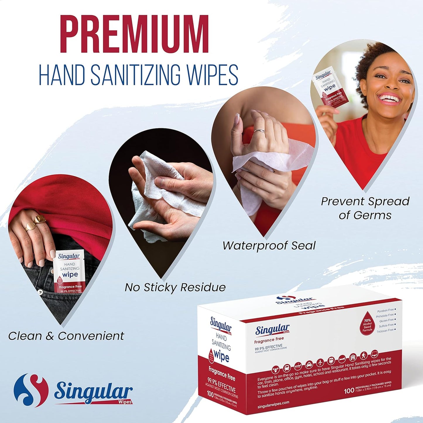 Hand Sanitizing Wipes Travel Size by Singular Wipes –100ct Individually Wrapped | Fragrance-Free, Moisturizing, 70% Isopropyl Alcohol Wipes | Travel, Home, Office, Daily Use | Made in USA