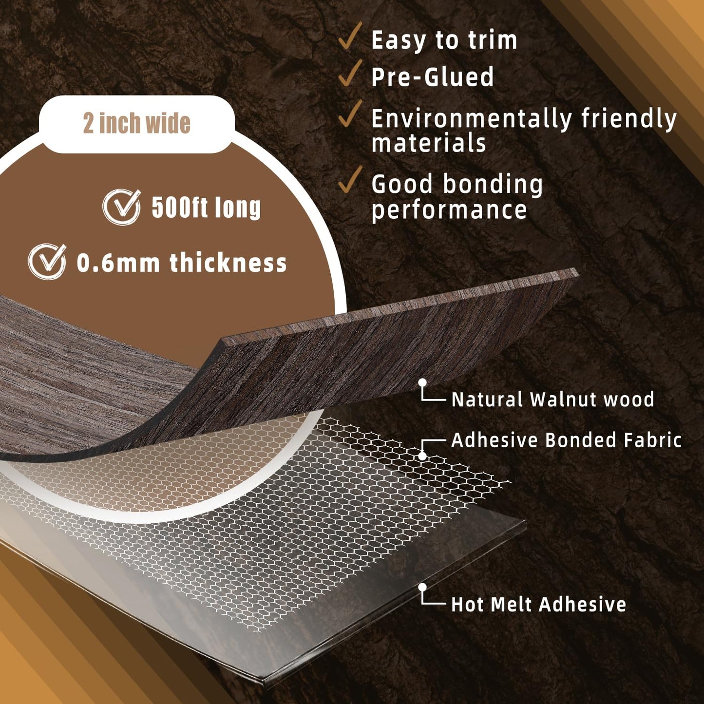 GSCIT Club Walnut Edge Banding, 2 inch x 500ft roll of Veneer Edge Banding Pre-glued Flexible, Wood Tape Banding for Cabinet Repair Furniture