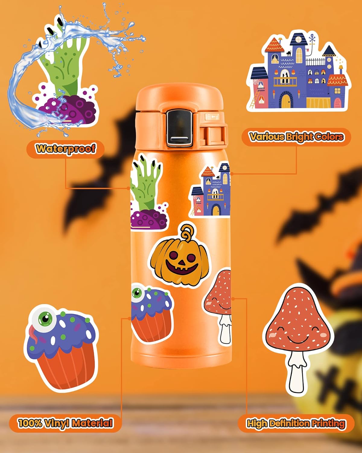 300 PCS Halloween Pumpkin Stickers, Vinyl Waterproof Stickers for Water Bottles Laptop Skateboard Computer, Halloween Party Favors Gifts Funny for Kids Teens Adults