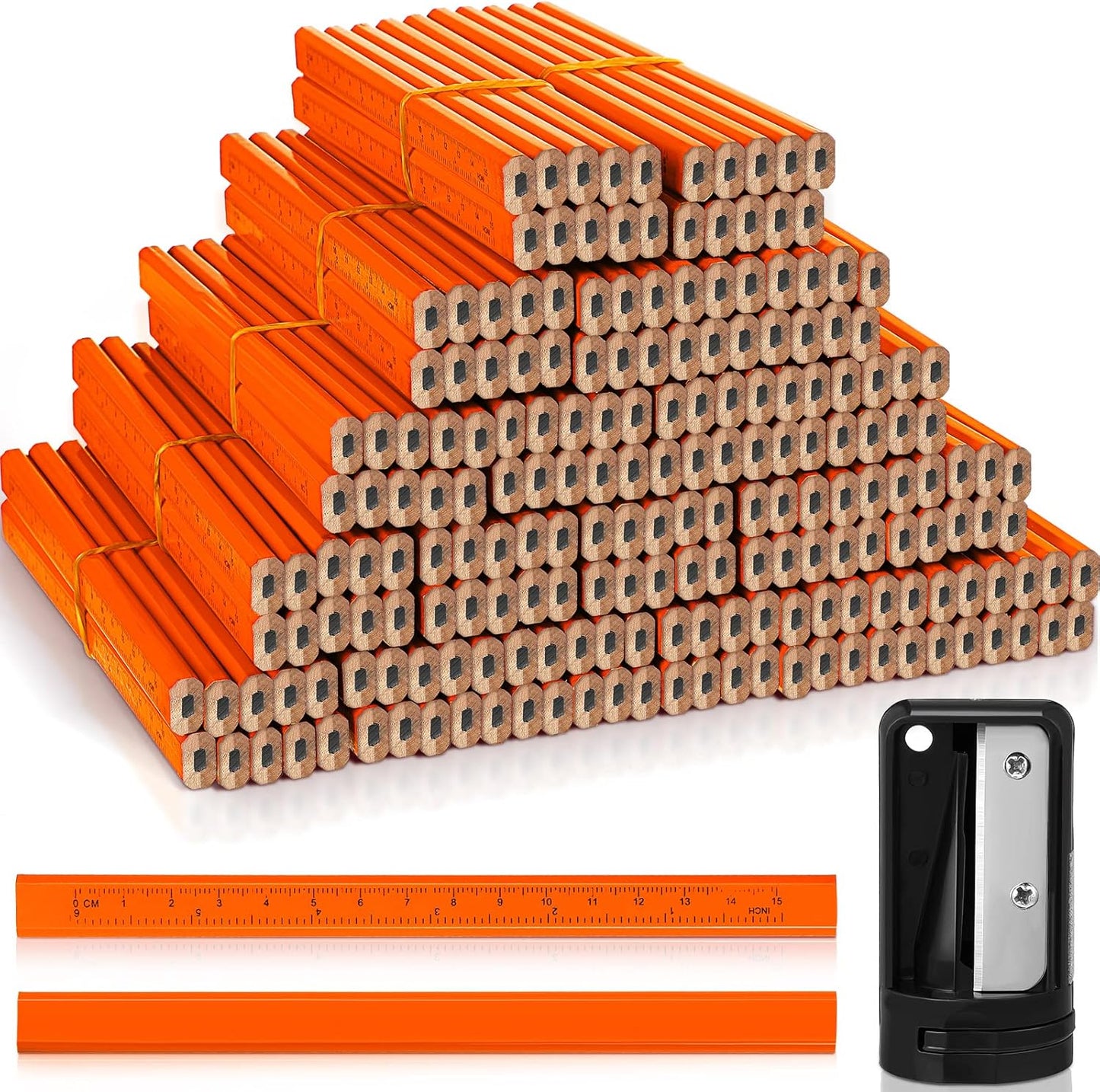 Honoson 200 Pcs Flat Construction Pencils with Printed Ruler Wood Graphite 2 Pcs Carpenter Pencil Sharpener for Woodworking Marking Tool(Orange)