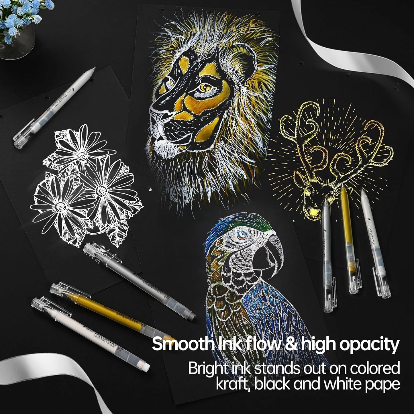 3 Colors 0.8mm Extra Fine Point 6-Pack Gel Pen Set – White, Gold & Silver Gel Ink Pens for Artists Drawing on Black Paper, Sketching, Bullet Journaling & Crafting