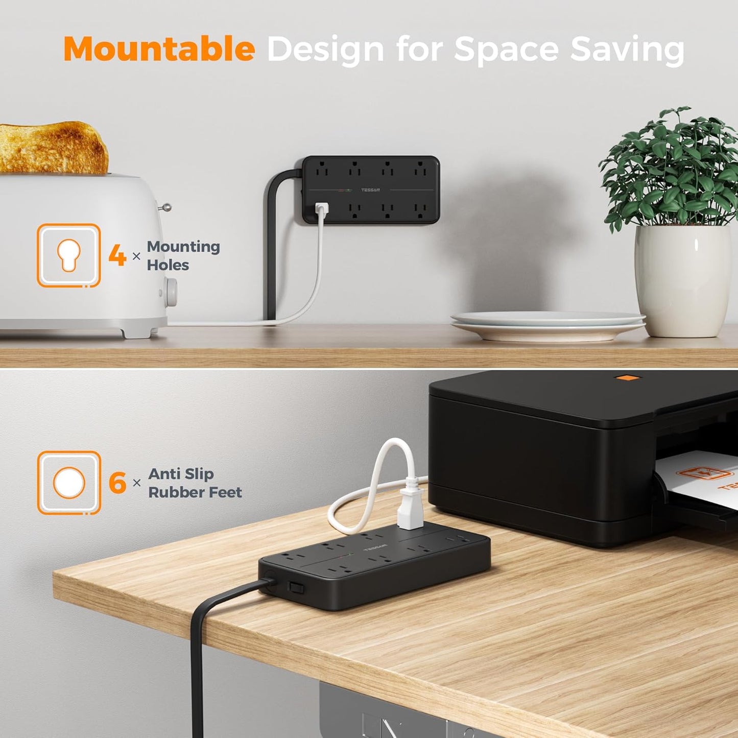 2000J Surge Protector Power Strip, TESSAN 5 FT Extension Cord with Multiple Outlets Flat Plug, 3 USB (1 USB C) and 8 AC Outlets, Wall Mount USB Charging Station for Home Office Supplies, Black