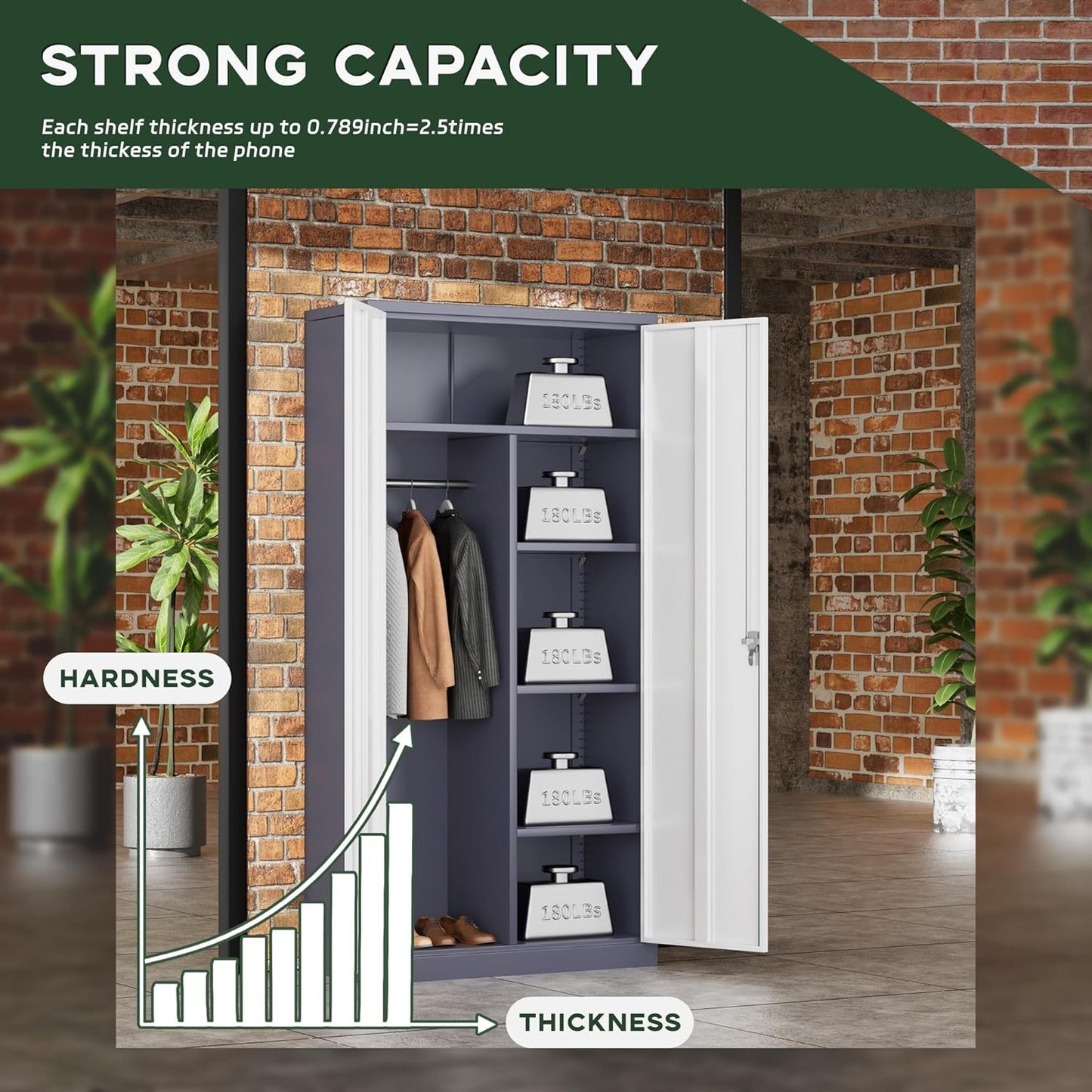 Greenvelly Metal Wardrobe Cabinet with Lock Door, 72" Metal Wardrobe Closet Cabinet with Hanging Rods and Adjustable Shelves, Steel Storage Locker Closet for Home, Office, Employee, Gym (White Grey)