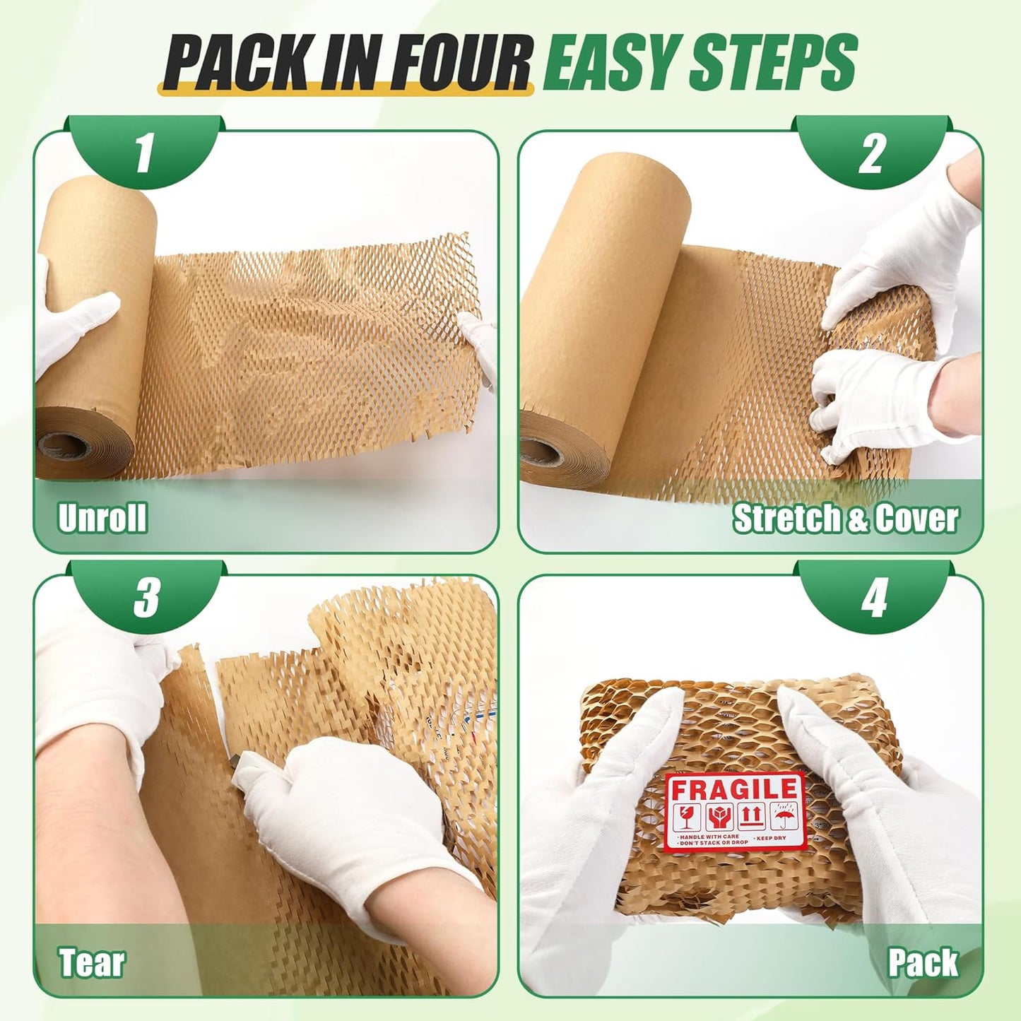 12"x300Ft Honeycomb Packing Paper & Bubble Wrap for Moving - FSC Certified Recyclable Packaging Kit with 40 Pcs Fragile Stickers & Safety Cutter (Eco-Friendly Heavy Duty Protection)