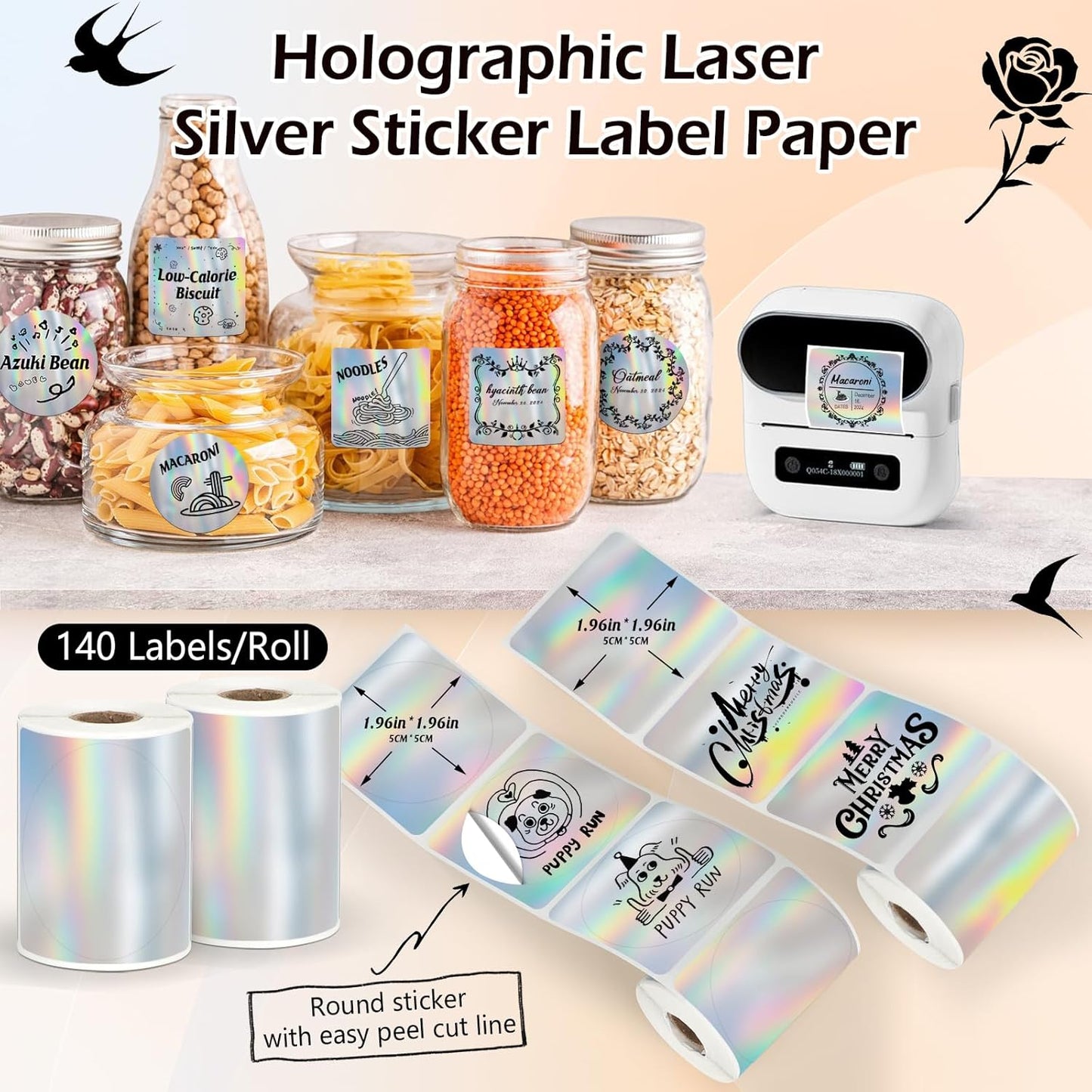 HuiJuKeJi 2 Rolls Holographic Silver Thermal Labels Paper for Phomemo M110 M200 M220 M221,50x50MM Round＆Square,Waterproof Self-Adhesive Mini Printer Laser Stickers for DIY Glitter Labels/Thanks Card