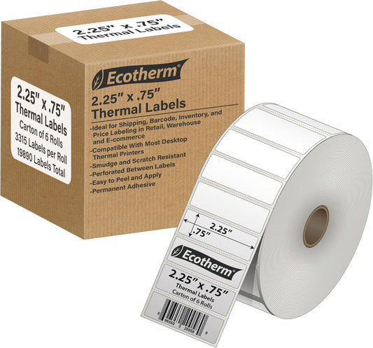 2.25" x .75" Thermal Labels | 6 Rolls | 19890 Labels | fits Zebra, Munbyn, Rollo, Godex, Arkscan, iDPRT, Offnova Thermal Label Printers and More | Blank White Adhesive Stickers by Ecotherm