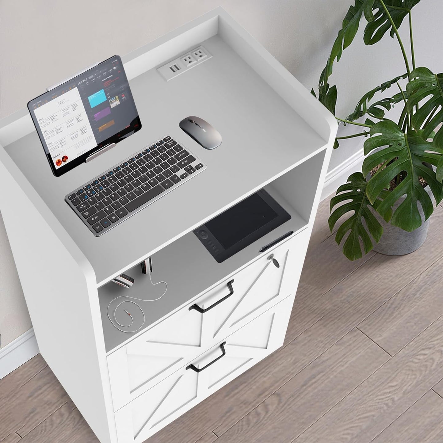 2 Drawer Lateral File Cabinet with Charging Station, Wood Filing Cabinet with Lock & LED Light, Large Storage Printer Stand for Home Office, White