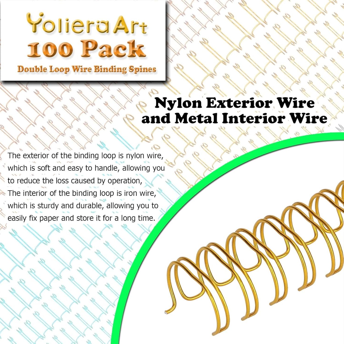 100 Pack Double Loop Wire Binding Spines, YolieraArt Wire Binding Spines, 5/8 Inch Binding Wire for Letter Size (140 Sheet Capacity), 100P, 3:1 Pitch, Gold)
