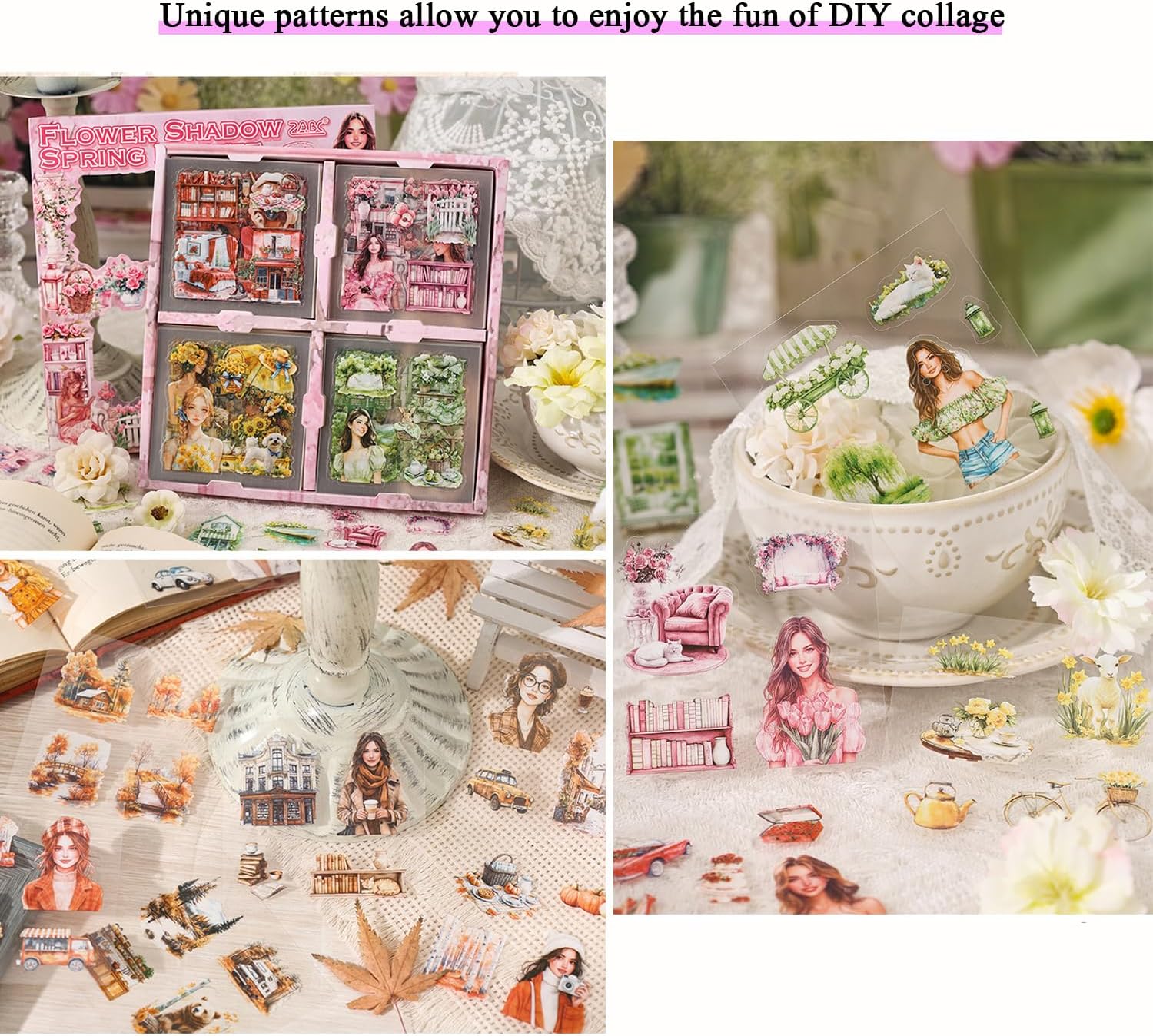 Retro Decorative Stickers 100 Sheets, Waterproof PET Girls Flowers Stickers for Scrapbooking Diary Planner DIY Craft Album Journal Notebook Laptop Phone Case Collection Gift Box