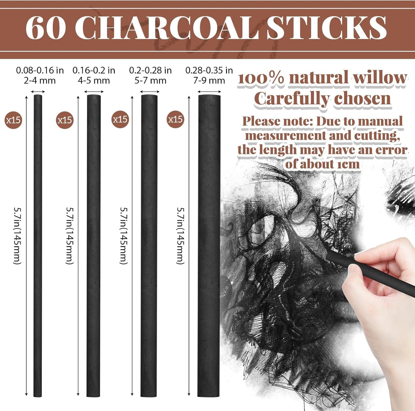 Gueevin 60 Pcs Willow Charcoal Sticks, Willow Charcoal, Artists, Beginners, Students, Perfect for Sketching, Drawing, Shading, and Fine Art (2-4mm，4-5mm，5-7mm，7-9mm)
