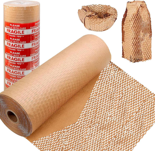 Honeycomb Packing Paper, 12" x 400' Honeycomb Cushioning Wrap Roll for Moving Shipping Packaging Gifts, Recyclable Honeycomb Paper Bubble Paper Wrapping with 20 Fragile Sticker Labels