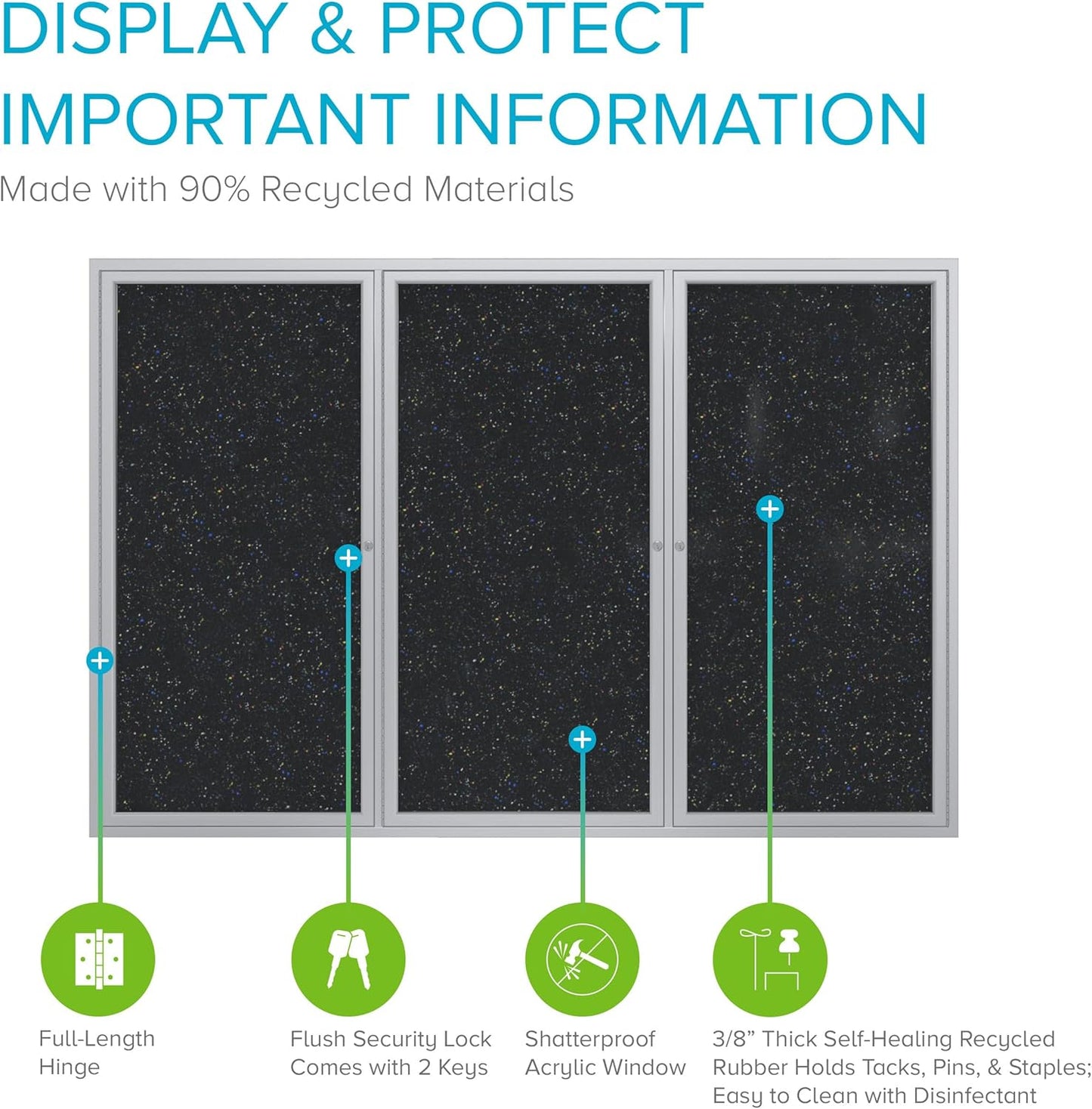 Ghent 48" x 96" 3-Door indoor Enclosed Recycled Rubber Bulletin Board, Shatter Resistant, with Lock, Satin Aluminum Frame,Confetti (PA34896TR-CF)-Made in USA