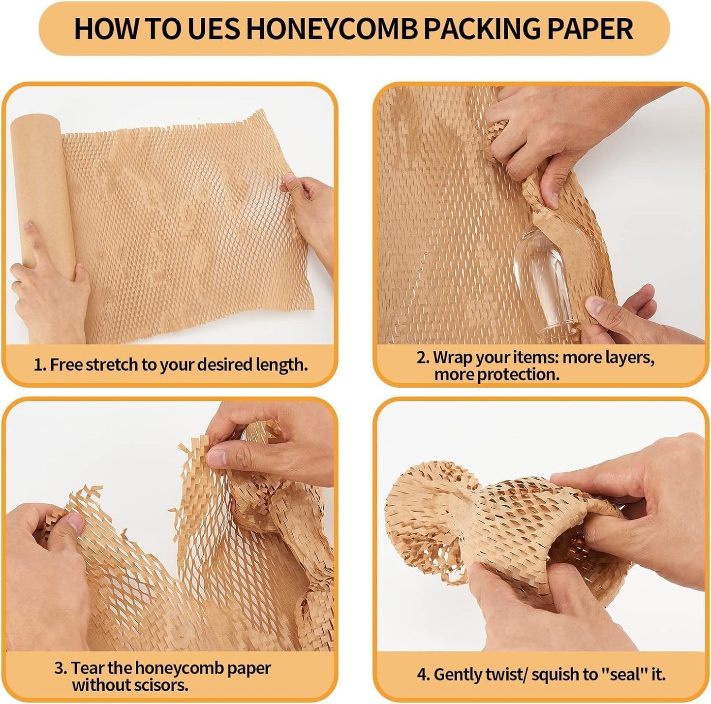 Honeycomb Packing Paper, HONSREO 15in x 300ft Eco Friendly Recyclable Cushioning Material, Bubble Wrap for Moving Shipping Breakable Supplies with 20 Fragile Sticker Lables (Brown)