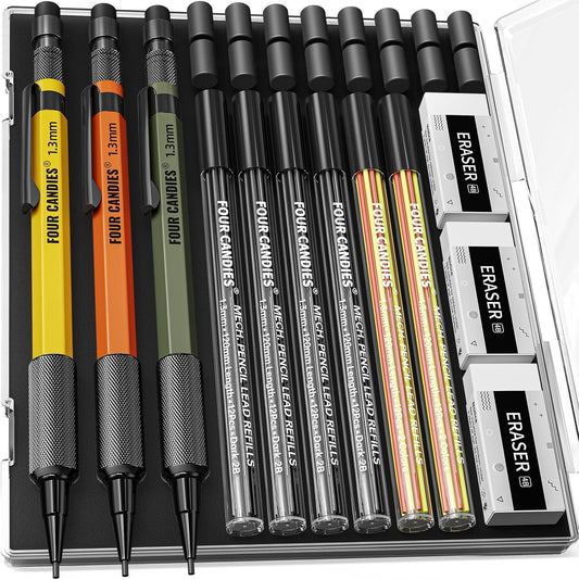 Four Candies 1.3mm Mechanical Pencil Set with 72 Lead Refills, 3PCS Metal Weatherproof Body Heavy Duty Carpenter Pencil, 3 Eraser, 16 Eraser Refills, for Outdoor Woodworking Drafting Marking with Case