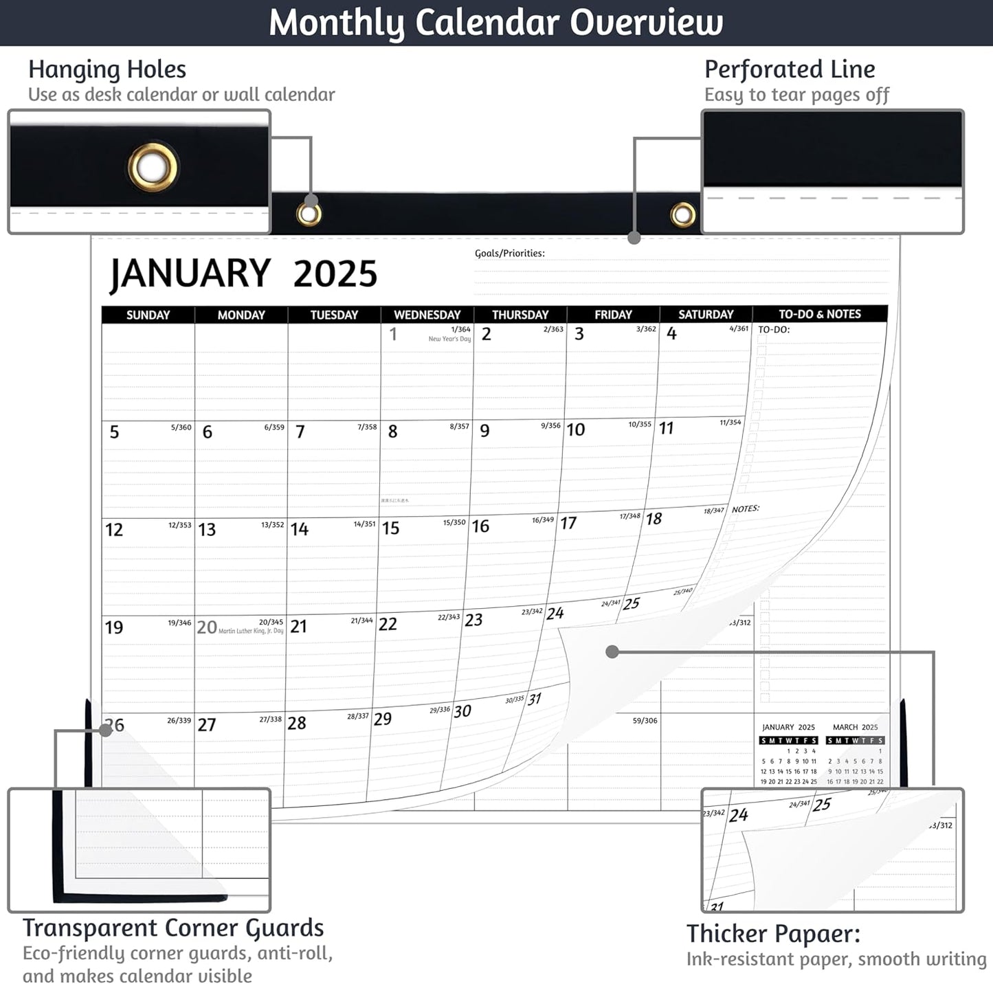 2025-2026 Desk Calendar – Jan 2025 – Jun 2026, 18 Monthly Calendar 2025-2026, Large Desk Calendar, 22'' x 17'', 2025 Desk/Wall Calendar with Desk Pad, To-do Lists, Ruled Blocks, Corner Protectors