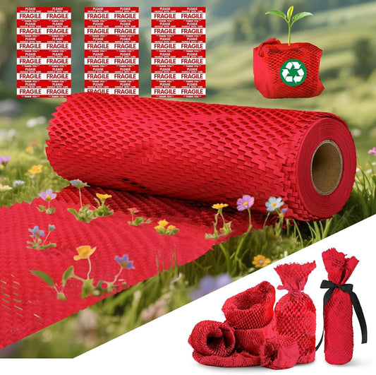 Honeycomb Packing Paper, 12"x150' Red | Perforated Honeycomb Packing Paper Recyclable Moving Supplies for Shipping & Moving | Plastic-Free Alternative to Bubble Cushion Wrap with 36 Fragile Stickers