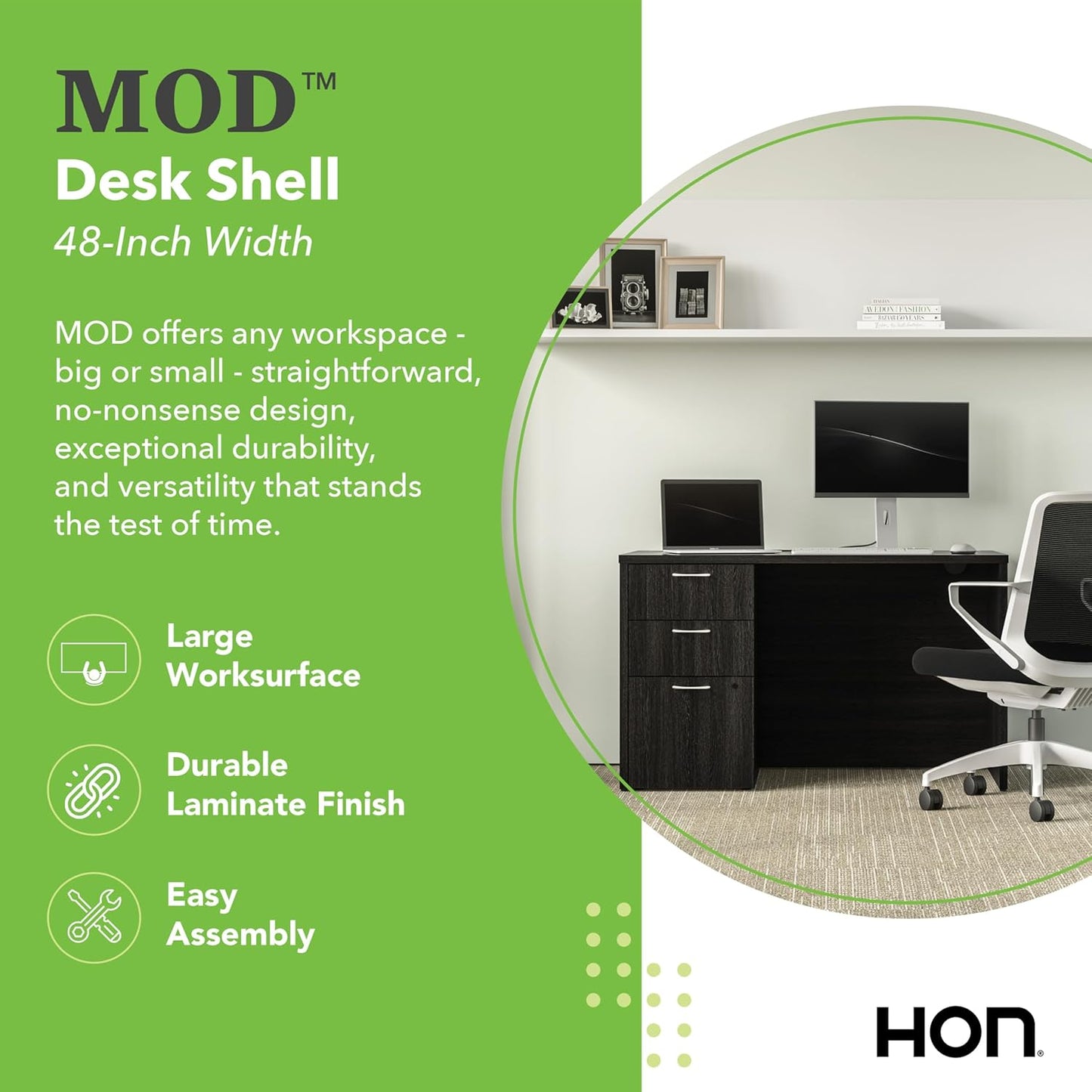 HON MOD Executive Desk 48-Inch Large Computer Desk Shell, Thick Wooden Laminate, Modern Table with Cord Management, 48'W x 30'D x 29'H, Java Oak